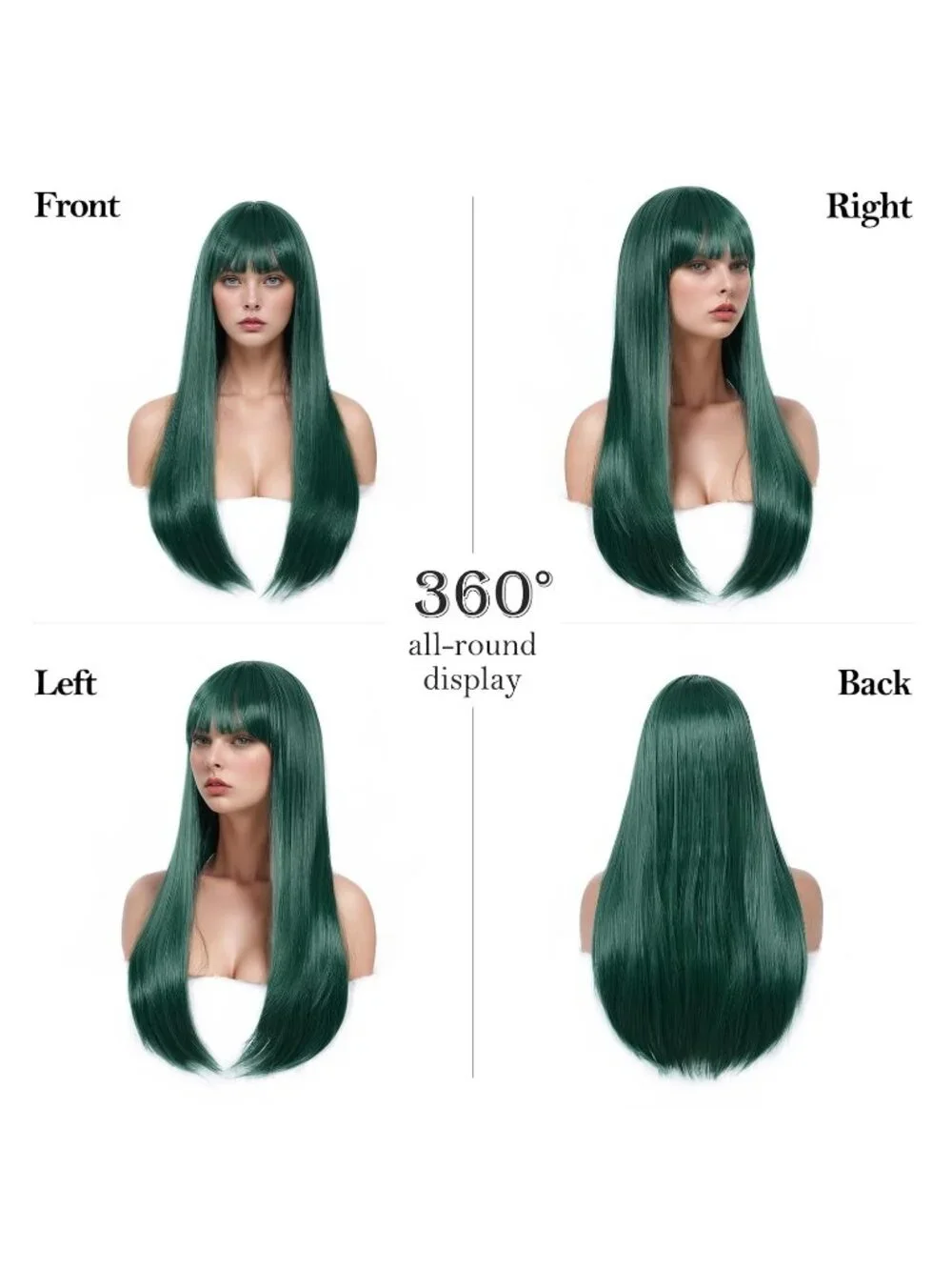 Women's Green 24 Inch Heat Resistant Synthetic Long Straight Bangs Wig